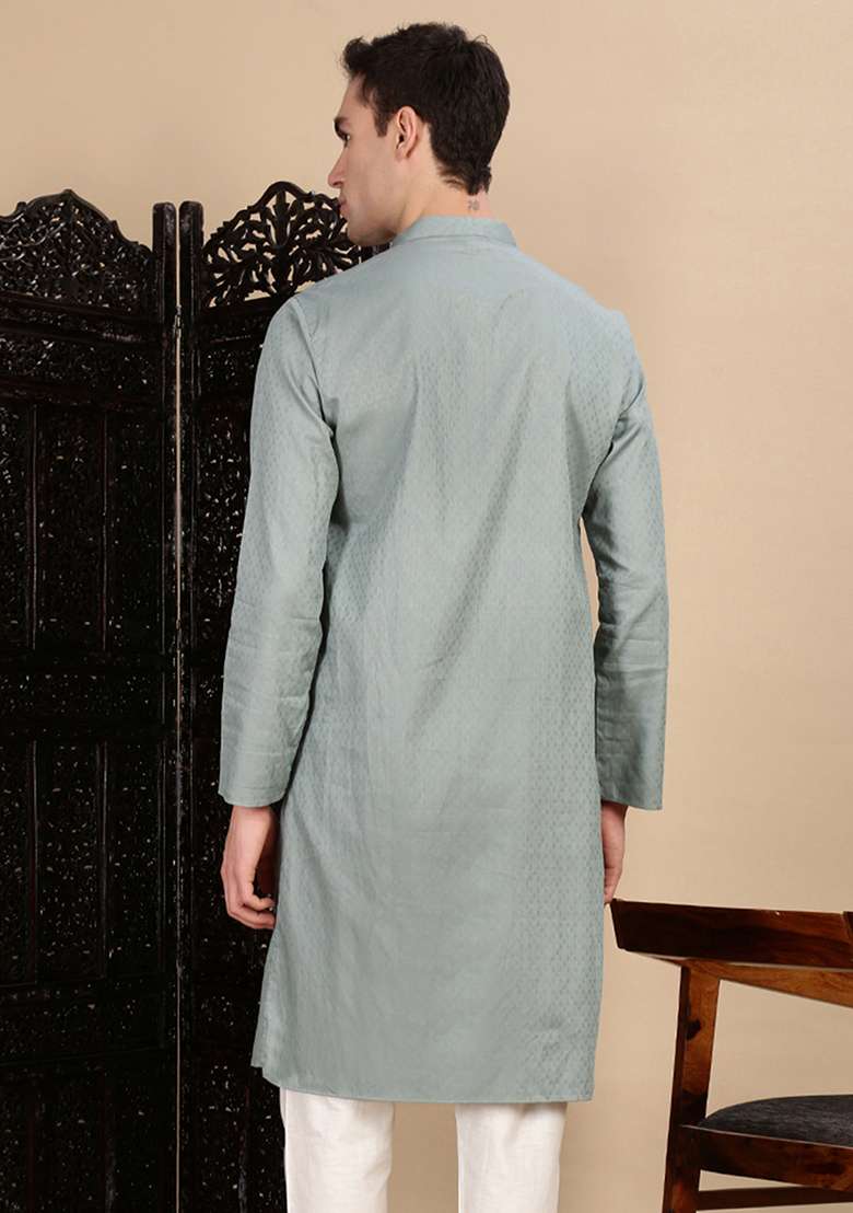 Grey Textured Cotton Kurta For Men - Indya
