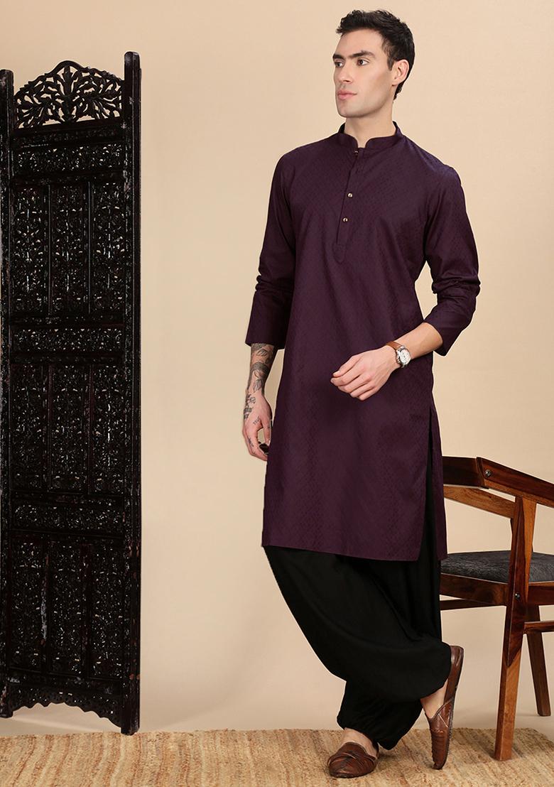 Wine Textured Cotton Kurta For Men