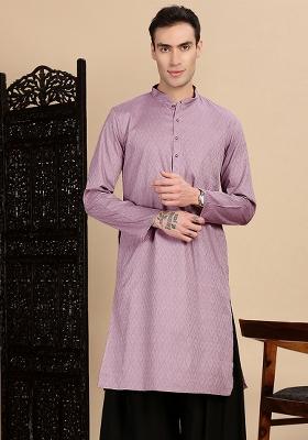 Mauve Textured Cotton Kurta For Men