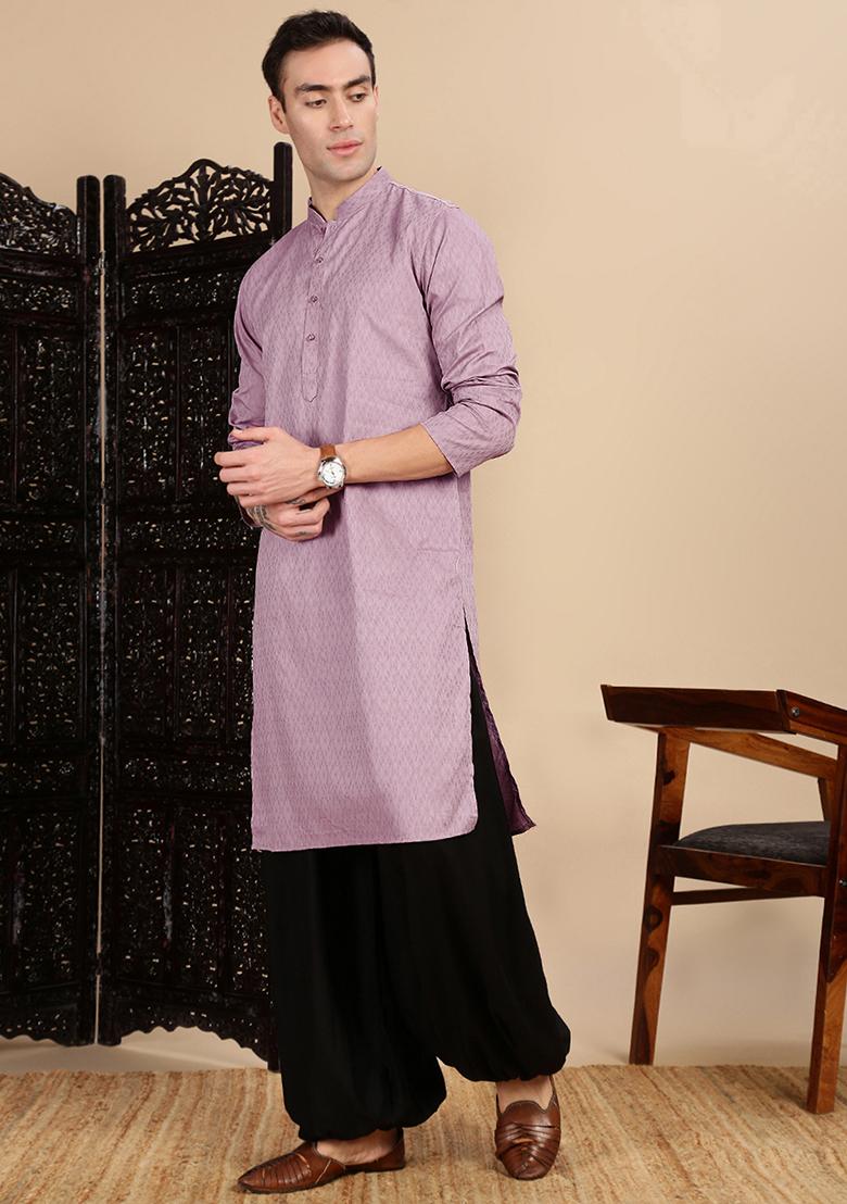 Mauve Textured Cotton Kurta For Men