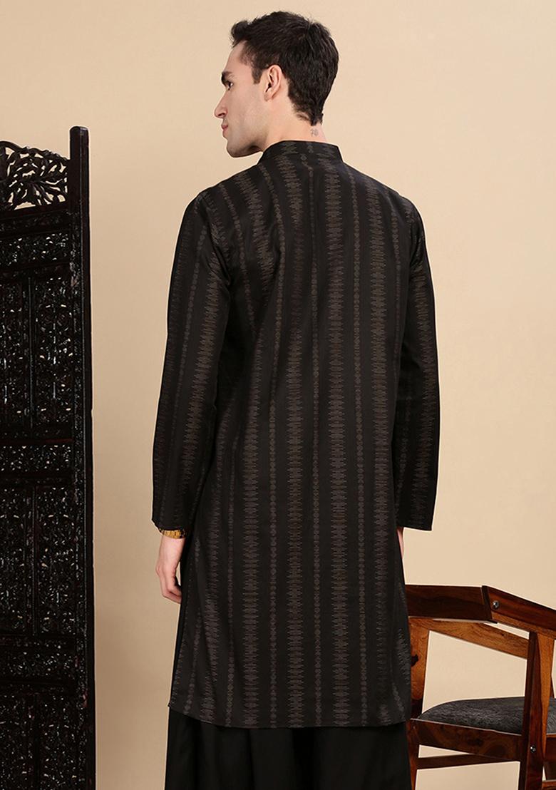Black Textured Cotton Kurta For Men