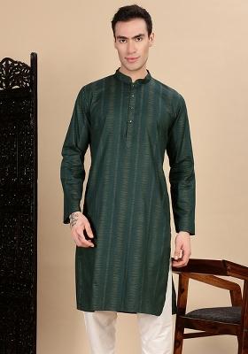 Deep Green Textured Cotton Kurta For Men