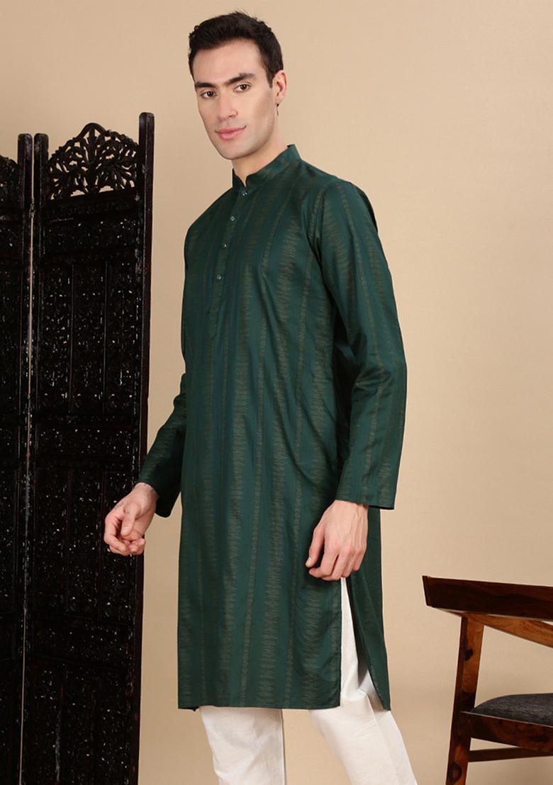 Deep Green Textured Cotton Kurta For Men