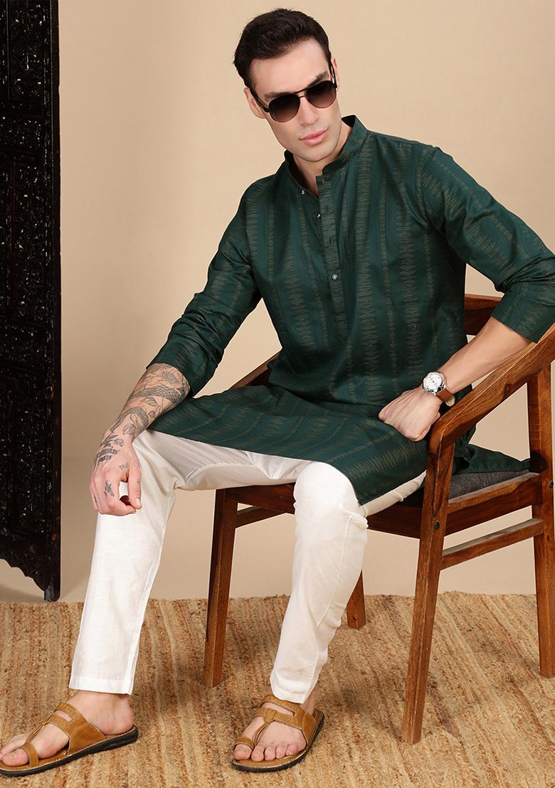Deep Green Textured Cotton Kurta For Men