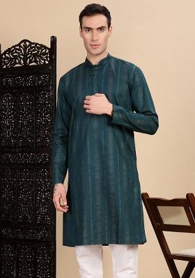 Firozi Blue Textured Cotton Kurta For Men