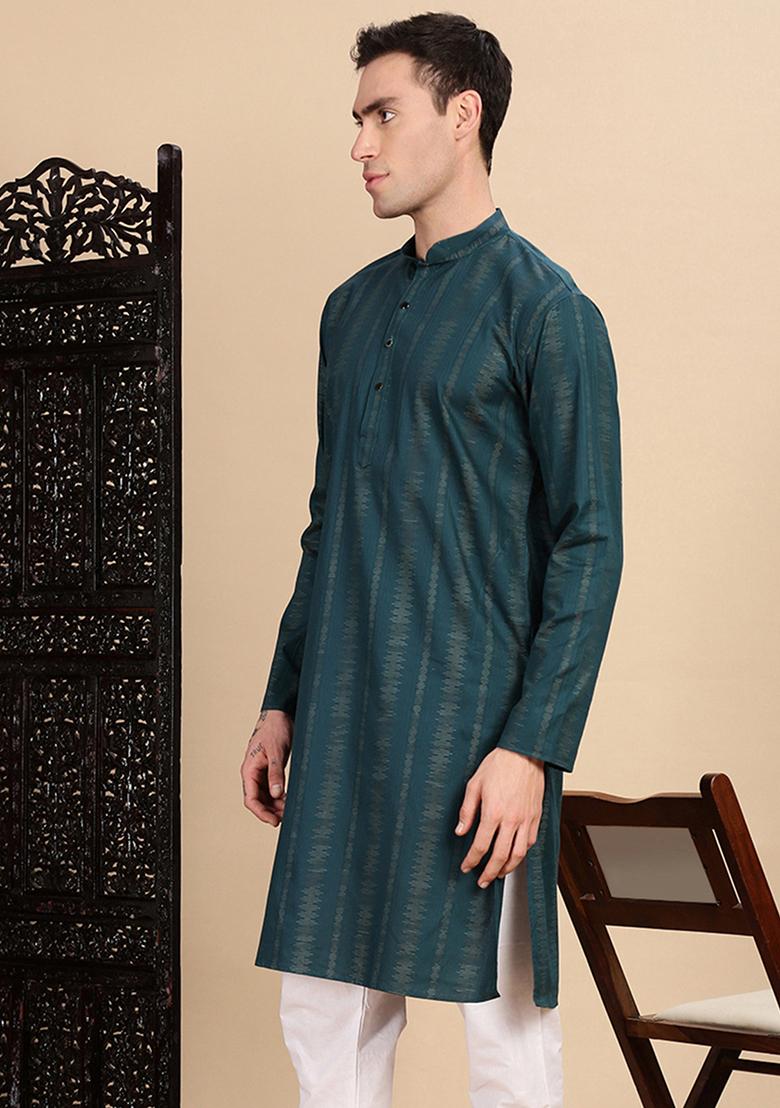 Firozi Blue Textured Cotton Kurta For Men