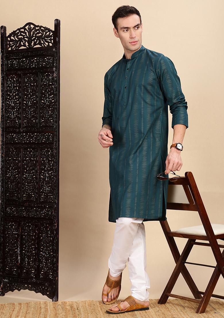 Firozi Blue Textured Cotton Kurta For Men