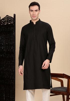 Black Textured Cotton Kurta For Men