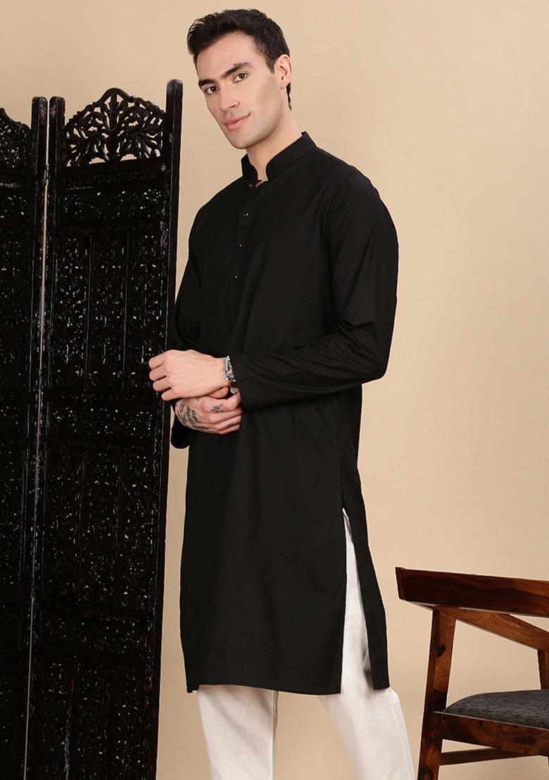 Black Textured Cotton Kurta For Men