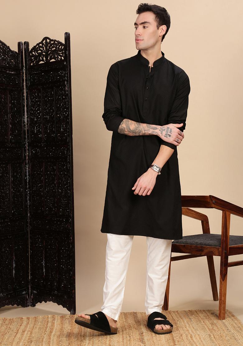 Black Textured Cotton Kurta For Men