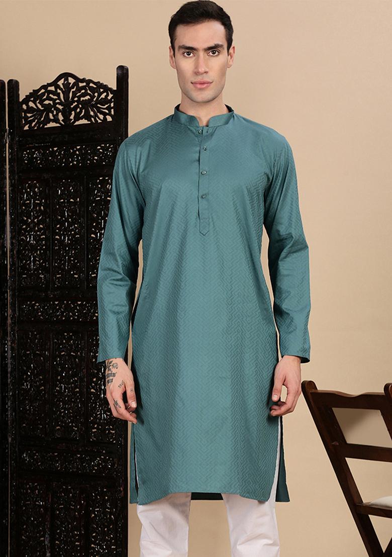 Grey Textured Cotton Kurta For Men