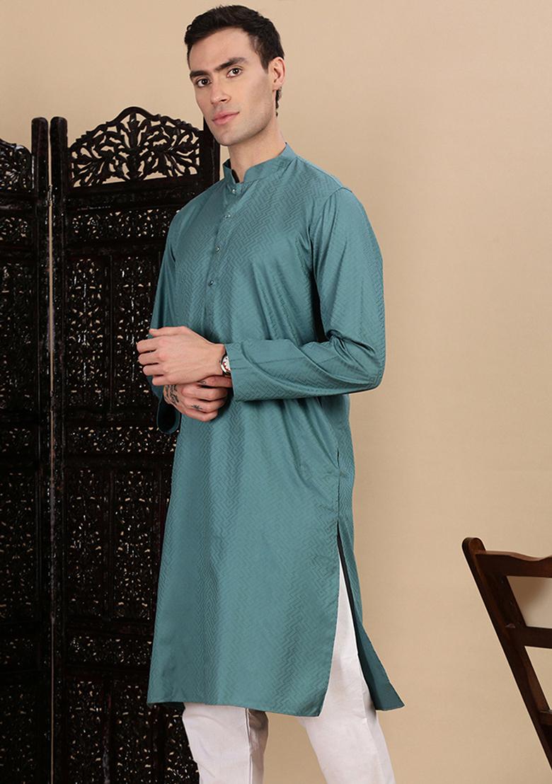 Grey Textured Cotton Kurta For Men