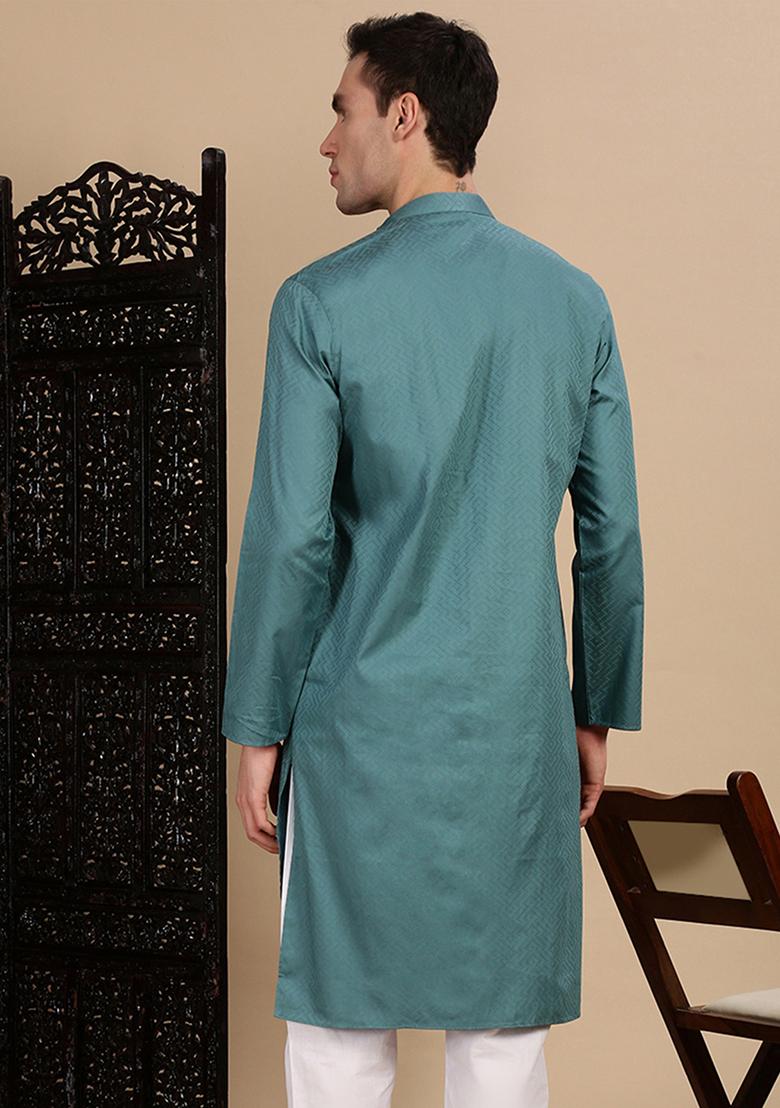 Grey Textured Cotton Kurta For Men