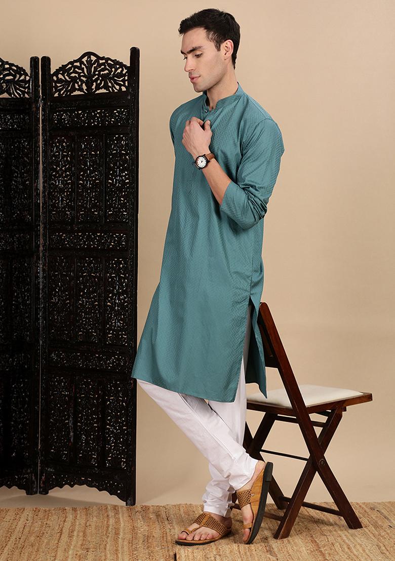 Grey Textured Cotton Kurta For Men