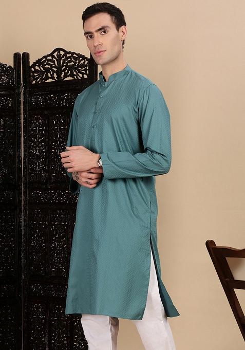 Grey Textured Cotton Kurta For Men