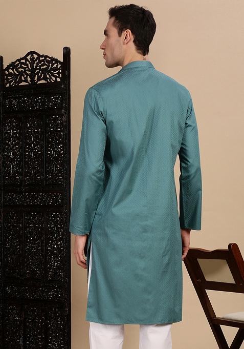 Grey Textured Cotton Kurta For Men