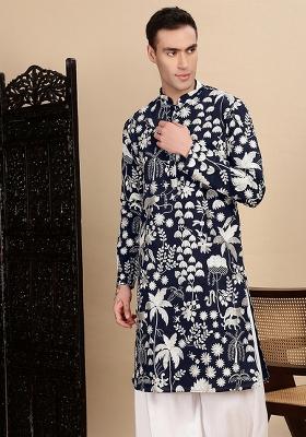 Deep Blue Chikankari Polyster Kurta For Men