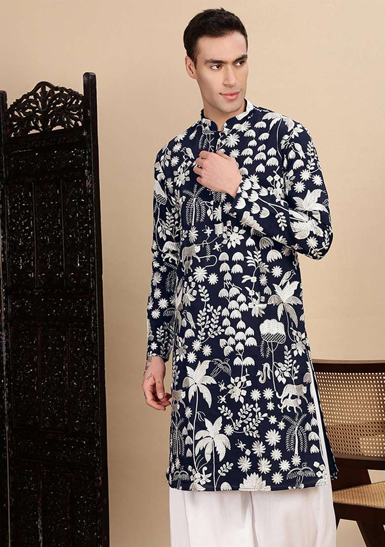 Deep Blue Chikankari Polyster Kurta For Men - Indya