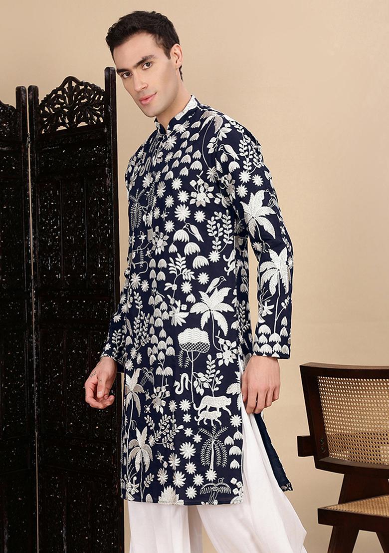 Deep Blue Chikankari Polyster Kurta For Men
