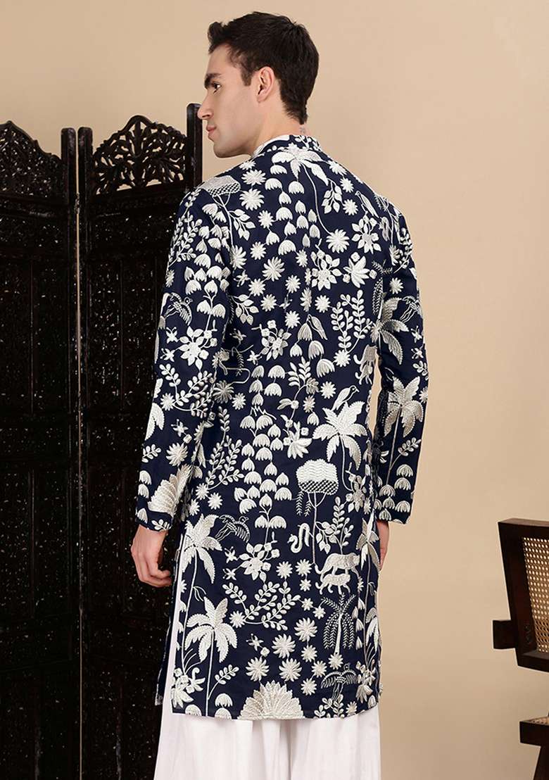 Deep Blue Chikankari Polyster Kurta For Men - Indya