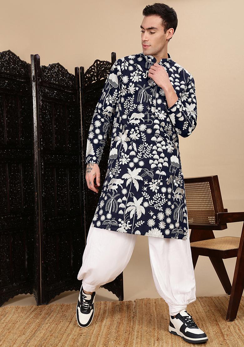 Deep Blue Chikankari Polyster Kurta For Men