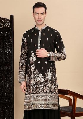 Black Zari Polyster Kurta For Men