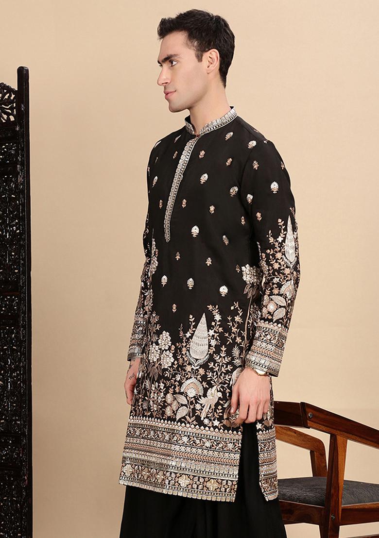 Black Zari Polyster Kurta For Men