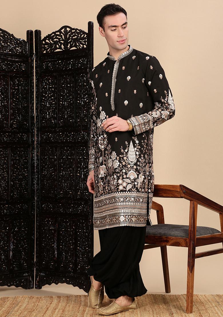 Black Zari Polyster Kurta For Men
