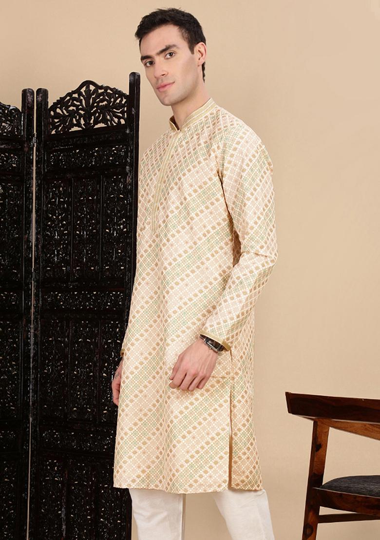 Deep Beige Sequins Cotton Kurta For Men