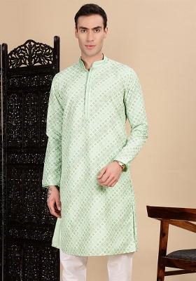 Light Green Sequins Cotton Kurta For Men