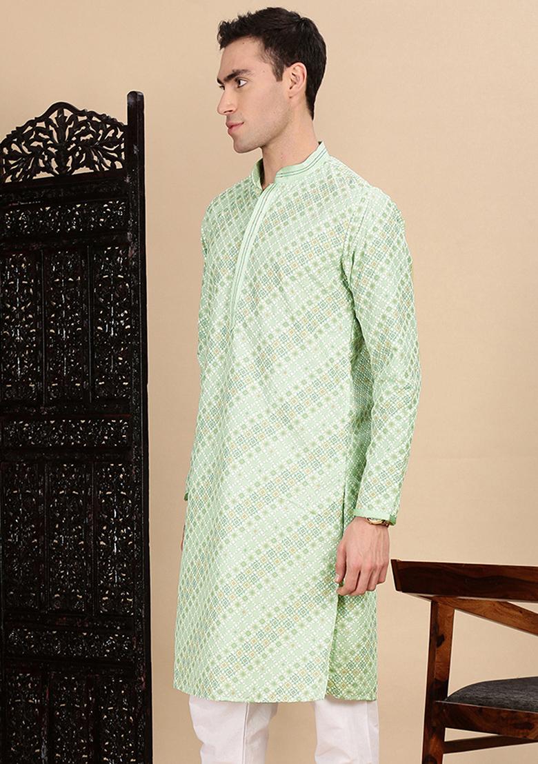 Light Green Sequins Cotton Kurta For Men