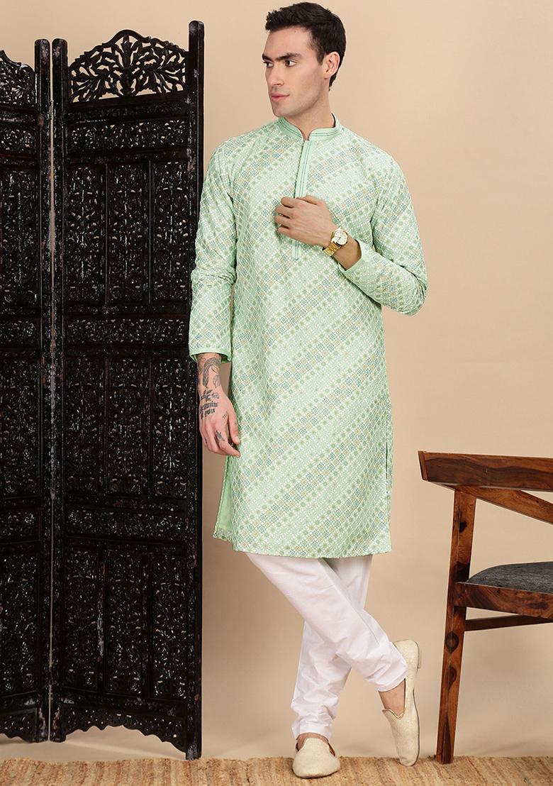 Light Green Sequins Cotton Kurta For Men