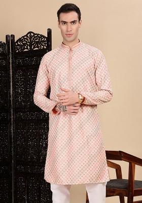 Light Pink Sequins Cotton Kurta For Men