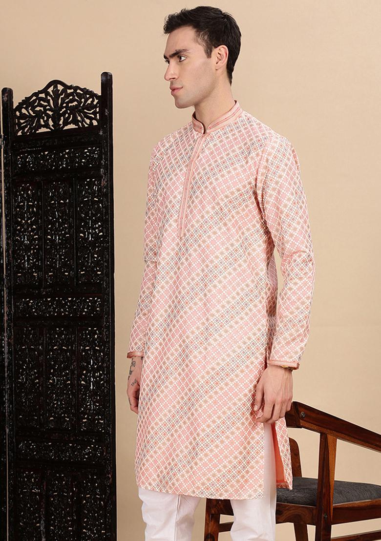 Light Pink Sequins Cotton Kurta For Men