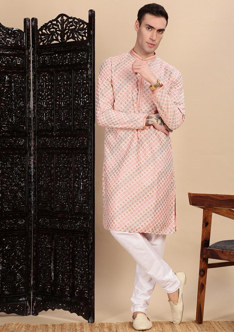 Light Pink Sequins Cotton Kurta For Men