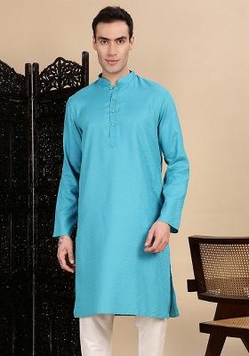 Sea Green Textured Cotton Kurta For Men