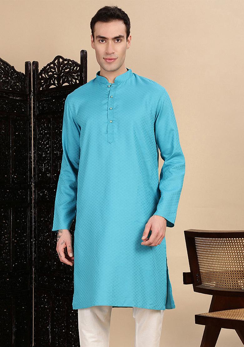 Sea Green Textured Cotton Kurta For Men