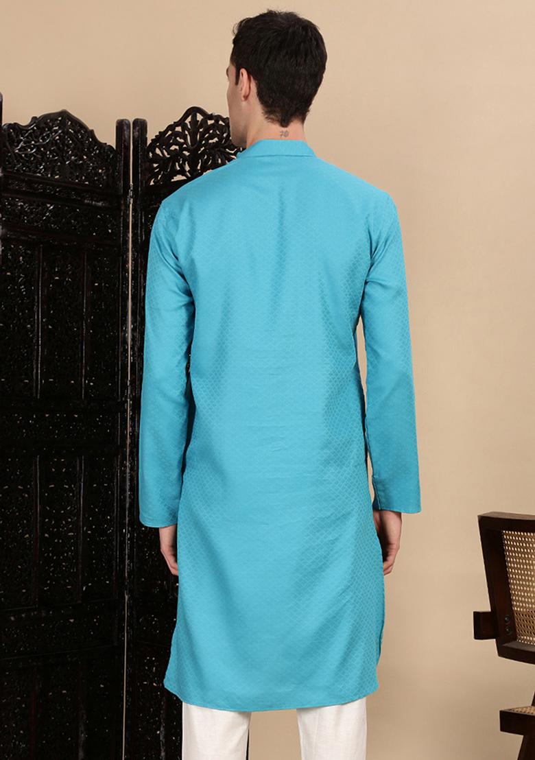 Sea Green Textured Cotton Kurta For Men
