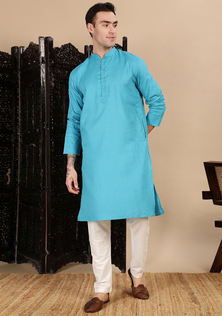 Sea Green Textured Cotton Kurta For Men
