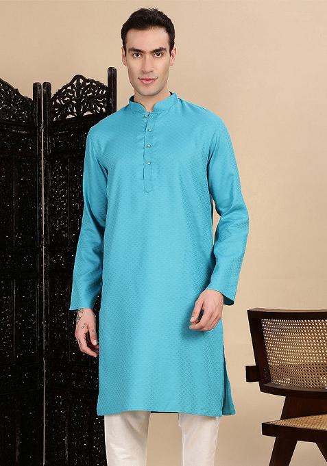 Sea Green Textured Cotton Kurta For Men