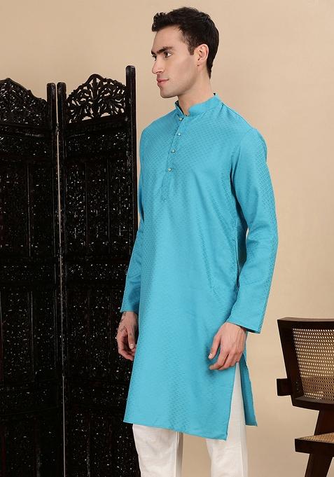 Sea Green Textured Cotton Kurta For Men