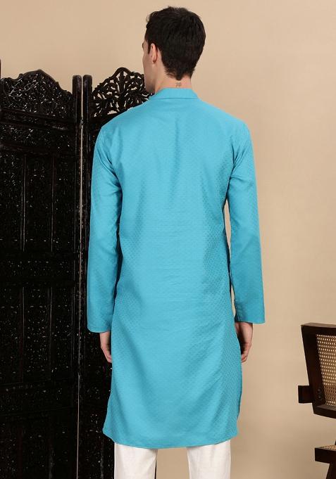 Sea Green Textured Cotton Kurta For Men