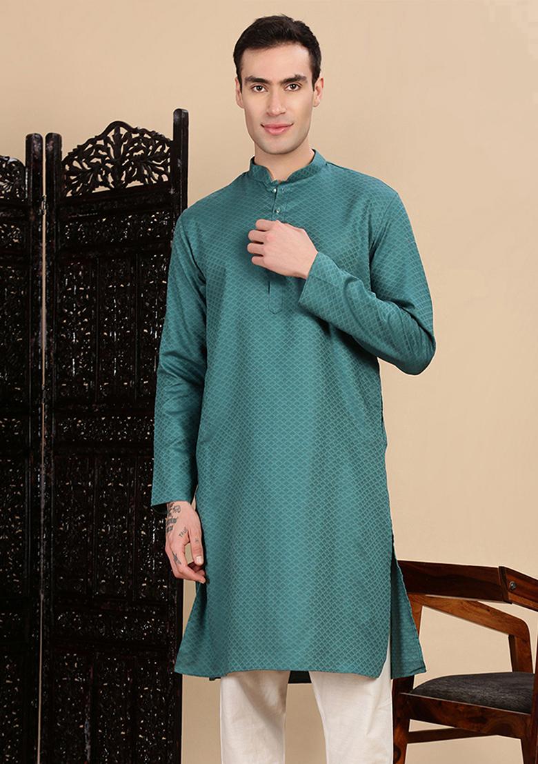 Green Textured Cotton Kurta For Men