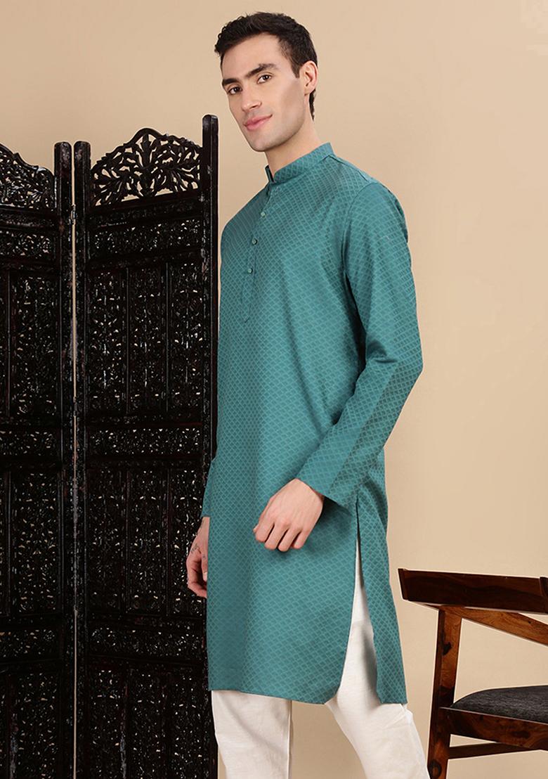 Green Textured Cotton Kurta For Men
