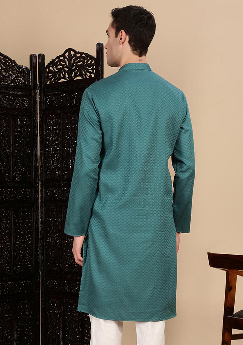 Green Textured Cotton Kurta For Men