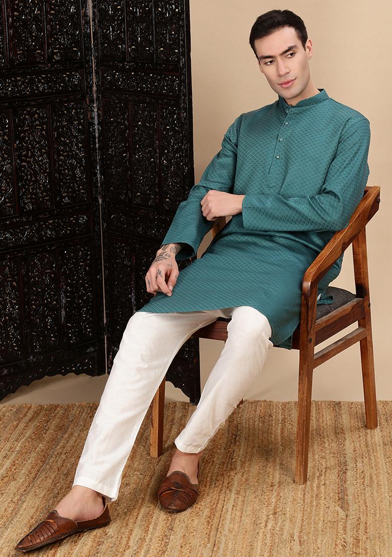 Green Textured Cotton Kurta For Men
