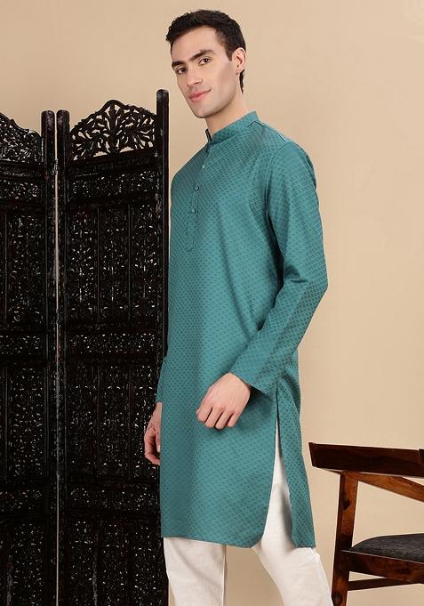 Green Textured Cotton Kurta For Men