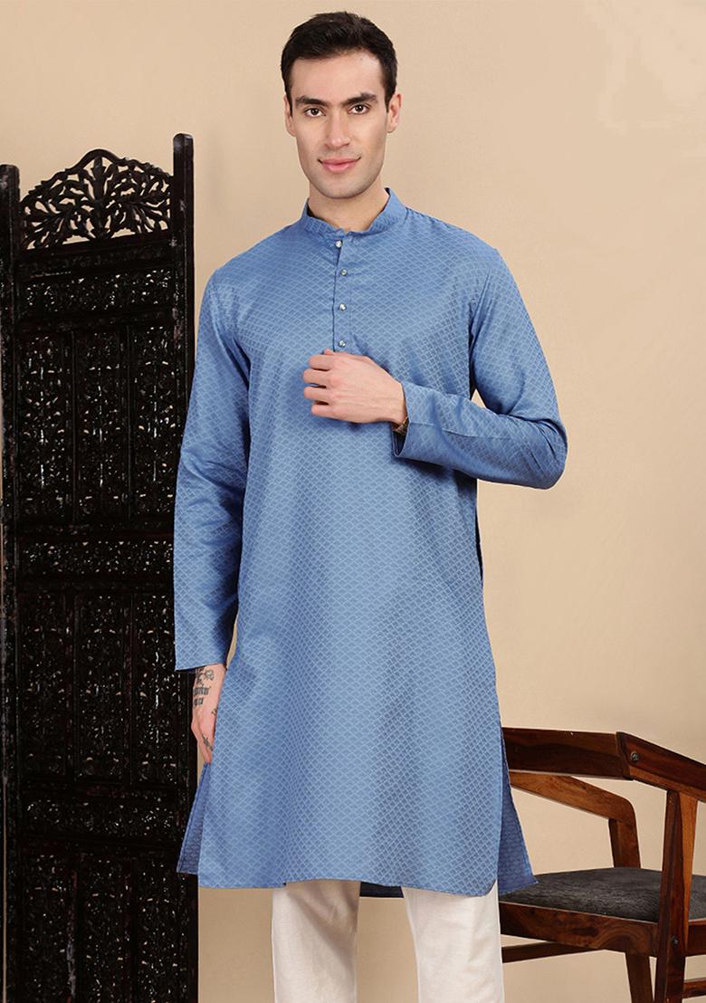 Grey Textured Cotton Kurta For Men