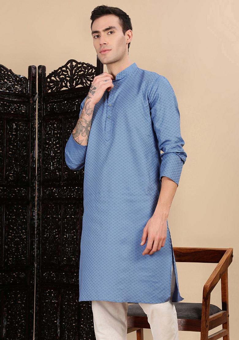 Grey Textured Cotton Kurta For Men