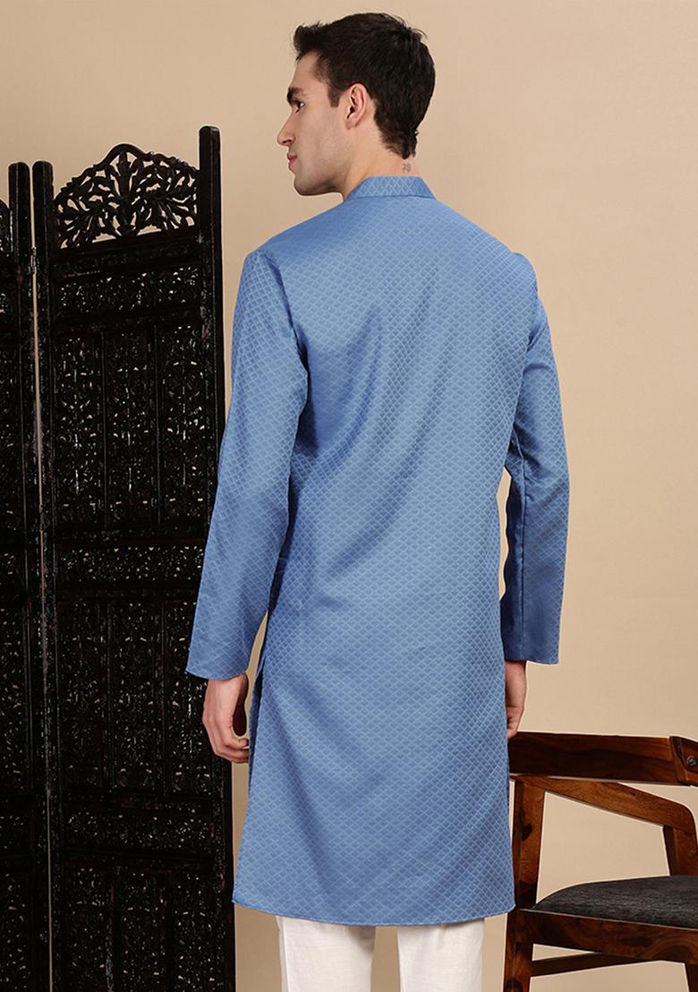 Grey Textured Cotton Kurta For Men
